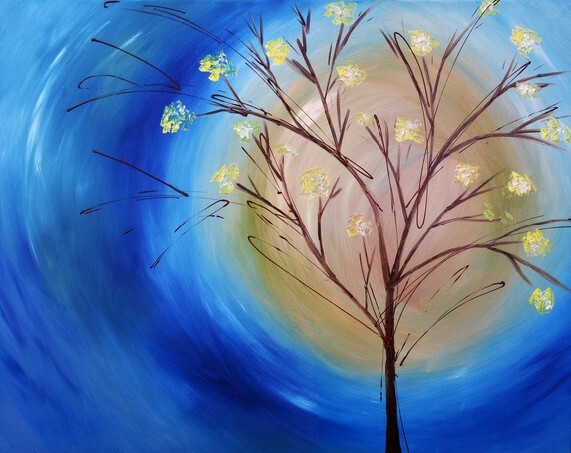 Original oil painting on canvas of a fall tree against blue swirling sky